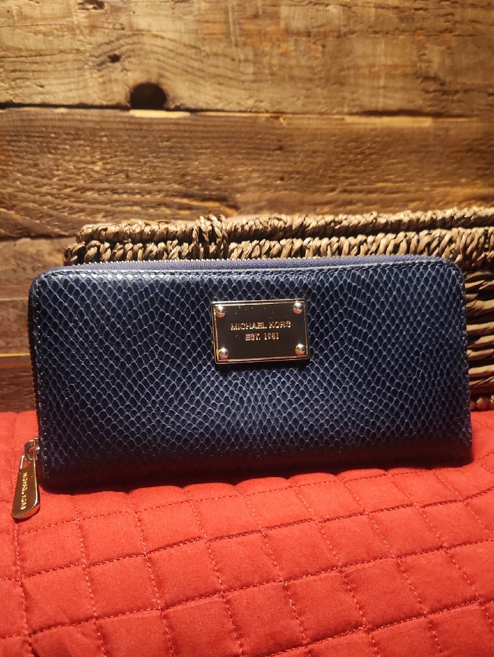 Michael Kors Navy Blue Snake-Embossed Zip Wallet with Gold Plaque